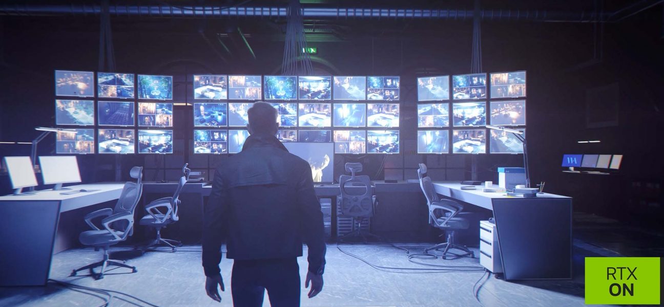 Bond enters a Webb Industries surveillance room filled with security camera screens in 007 First Light RTX trailer showcasing DLSS 4.5 and path tracing.