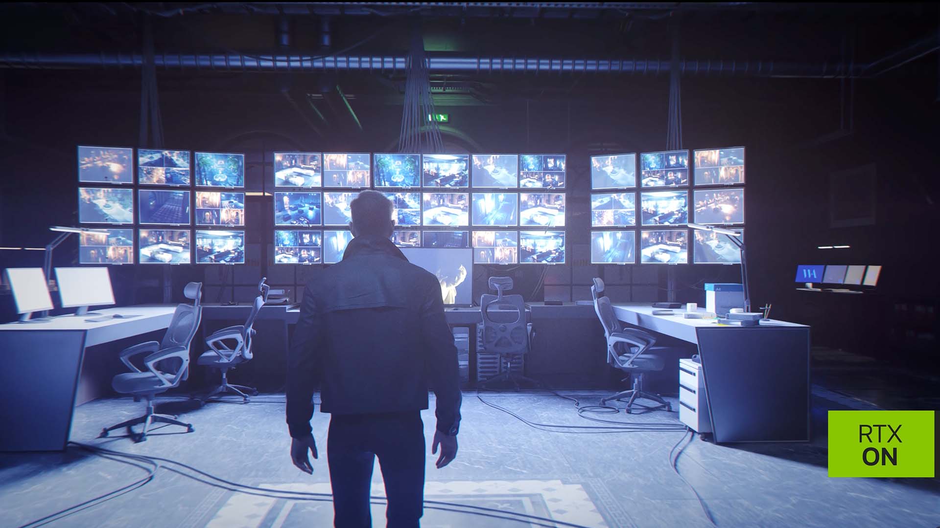 Bond enters a Webb Industries surveillance room filled with security camera screens in 007 First Light RTX trailer showcasing DLSS 4.5 and path tracing.